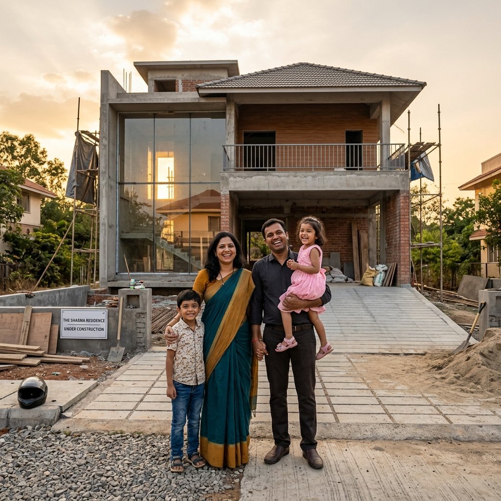 A happy family with their home under construction